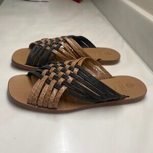 Brunello Cucinelli Leather Colorblock Pattern Slides Sz 7 / IT 37